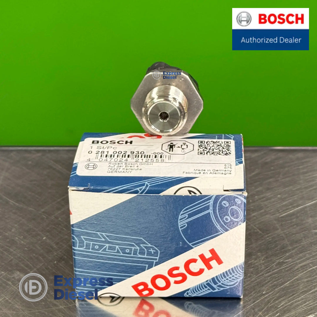 bosch 0281002930 diesel common rail pressure sensor displayed with original packaging