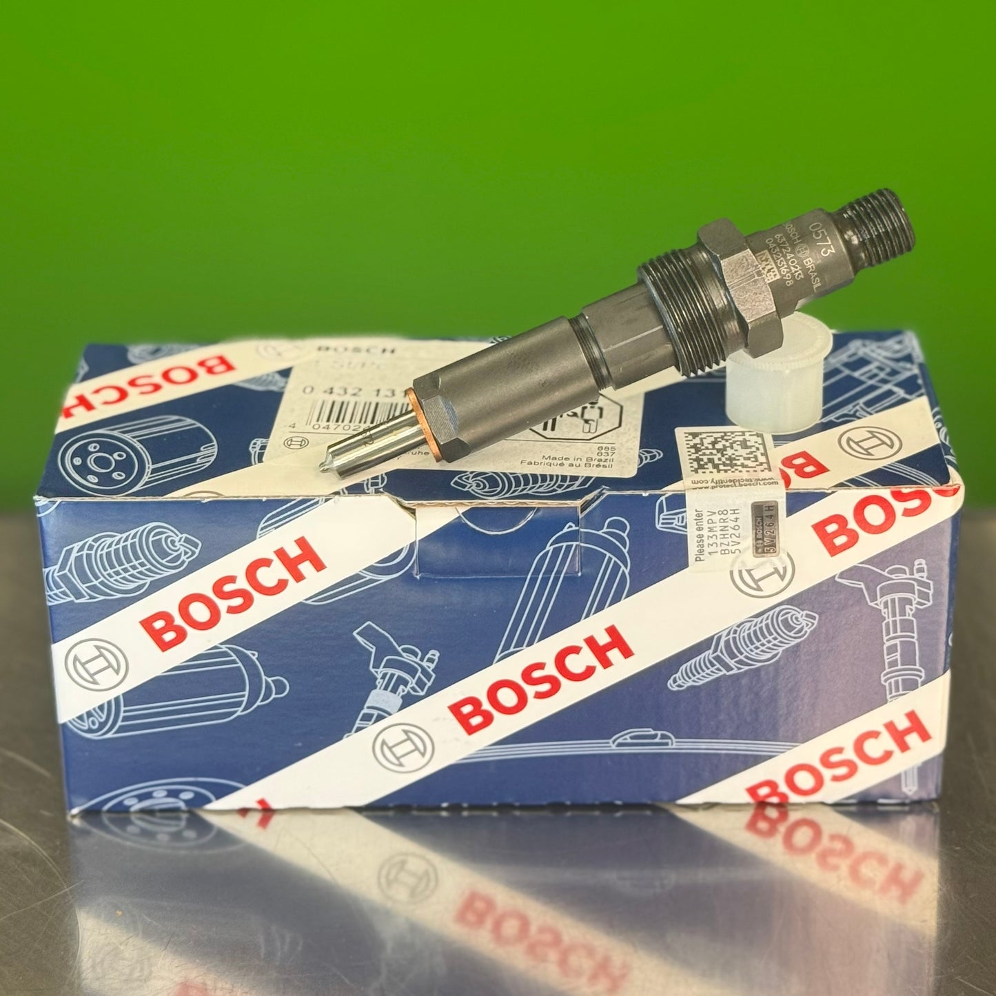0432131698 bosch fuel injector angled view with bosch packaging