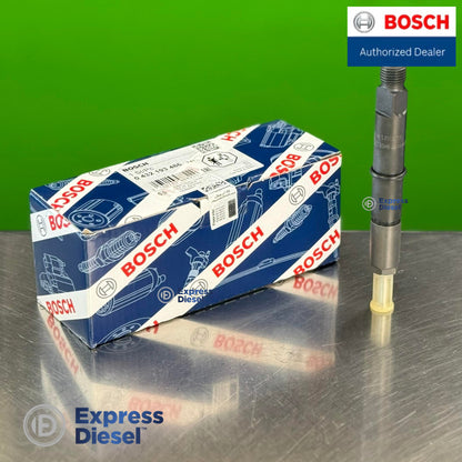 Angled view of Bosch 0432193486 mechanical fuel injector with genuine Bosch packaging