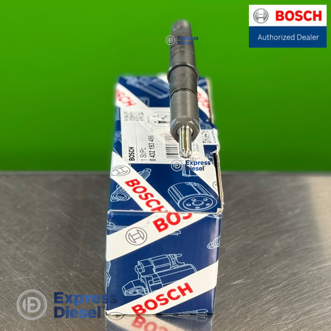 Front view of Bosch 0432193486 mechanical fuel injector with Bosch box