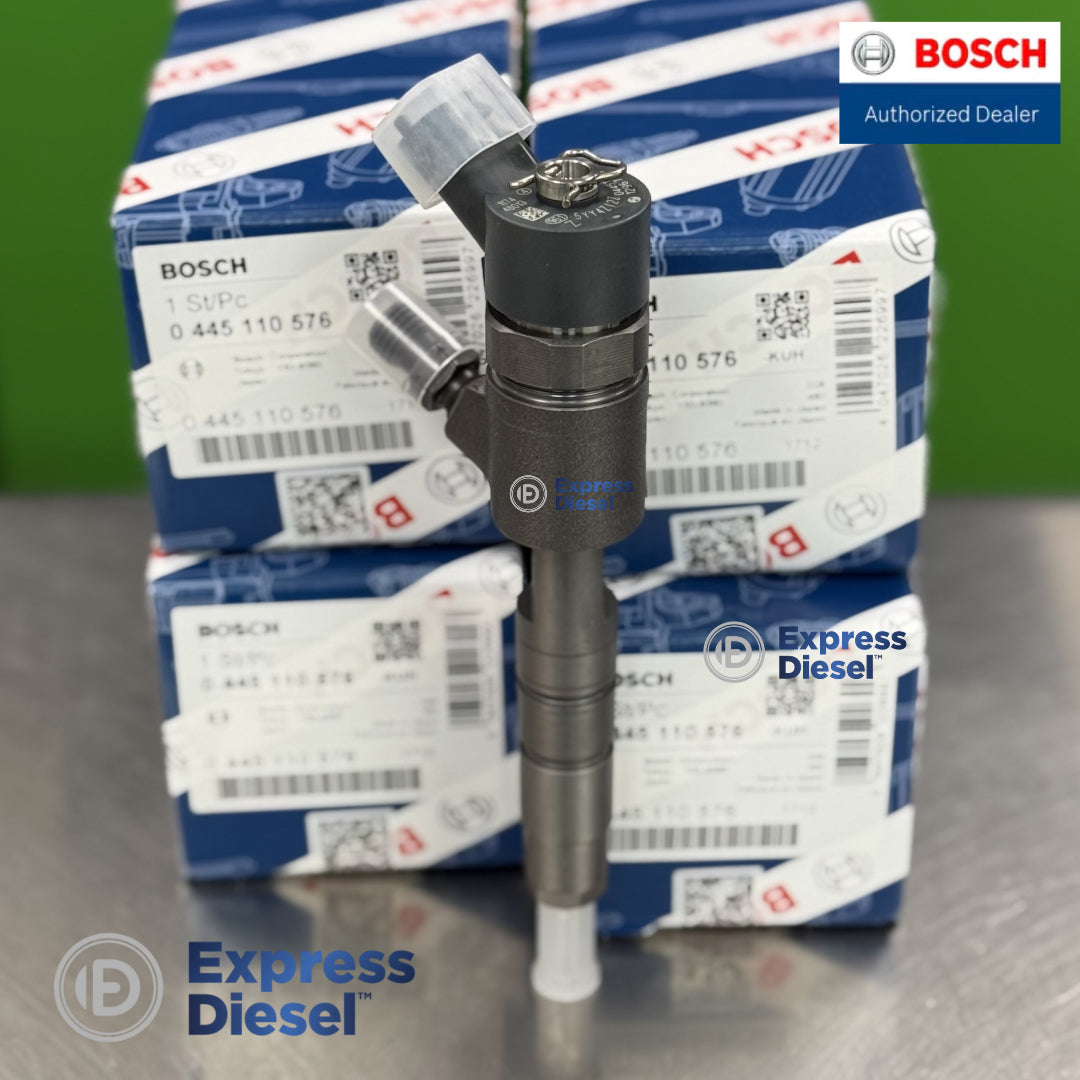 Front view of Bosch 0445110576 diesel fuel injector with genuine Bosch packaging