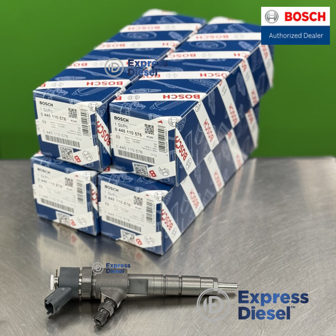Angled view of Bosch 0445110576 fuel injector set with genuine Bosch packaging