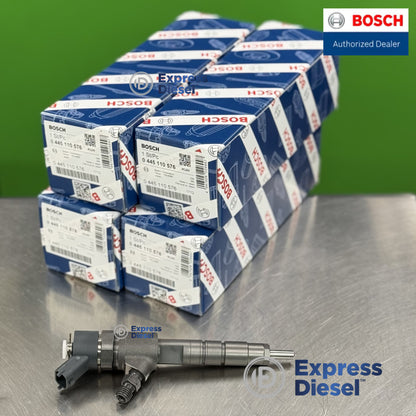 Angled view of Bosch 0445110576 fuel injector set with genuine Bosch packaging
