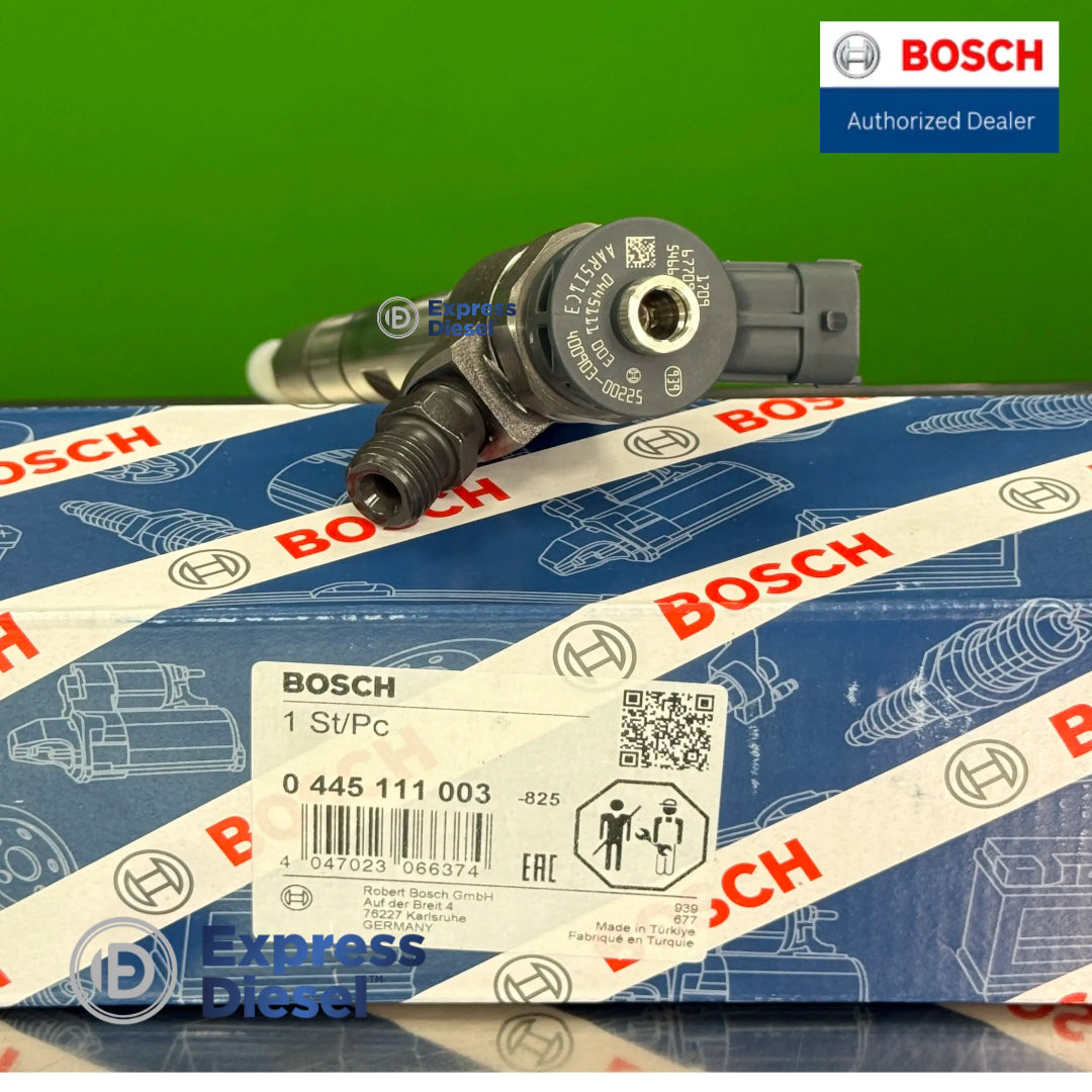 bosch 0445111003 common rail diesel injector displayed with original packaging replacing doosan 40090300225