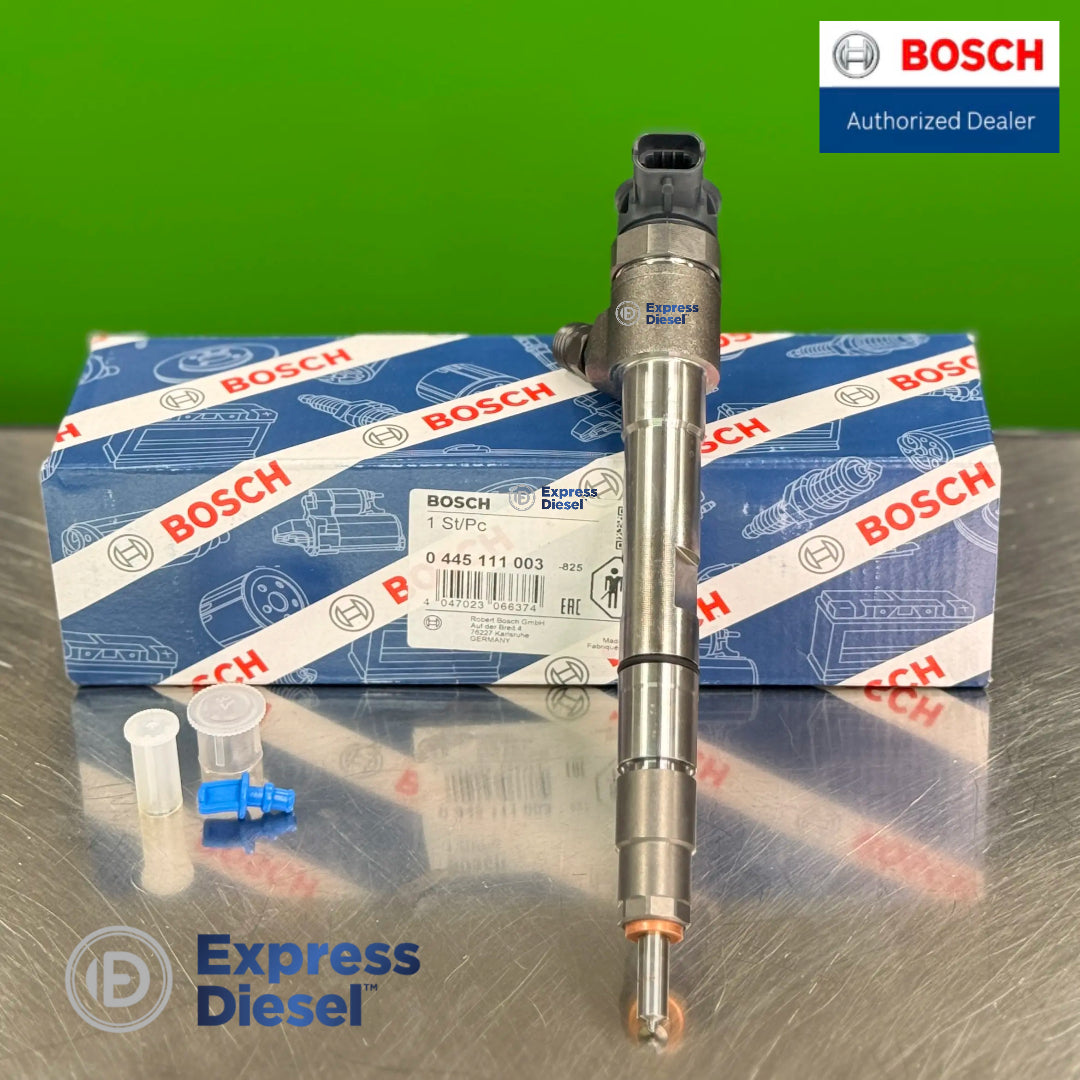 bosch 0445111003 fuel injector standing upright beside original packaging for bobcat s86 t86 e145 and doosan d34