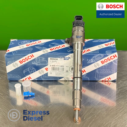 bosch 0445111003 fuel injector standing upright beside original packaging for bobcat s86 t86 e145 and doosan d34