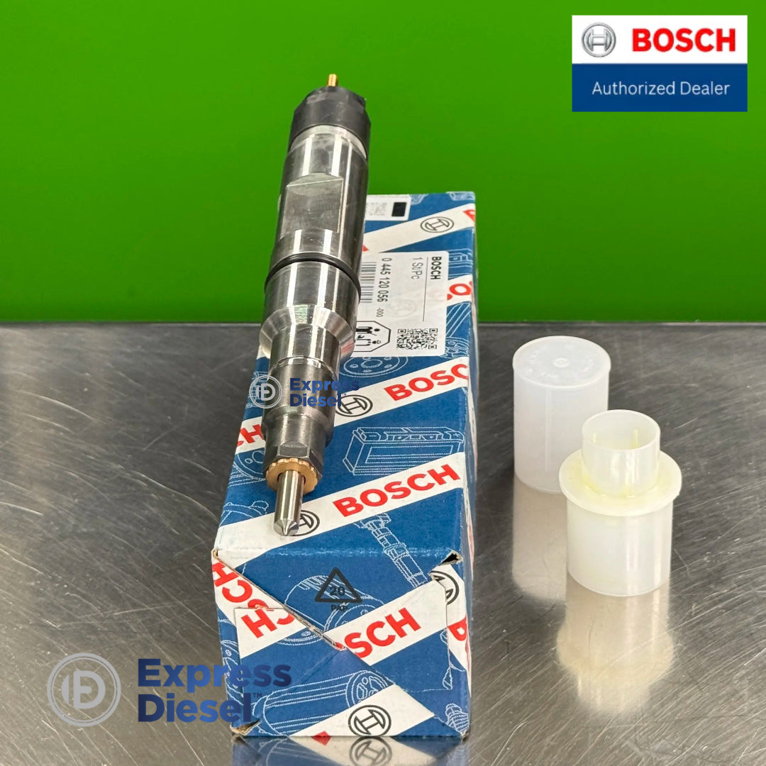 genuine bosch 0445120056 fuel injector standing upright with original packaging for man d2848 le422 le423 engines