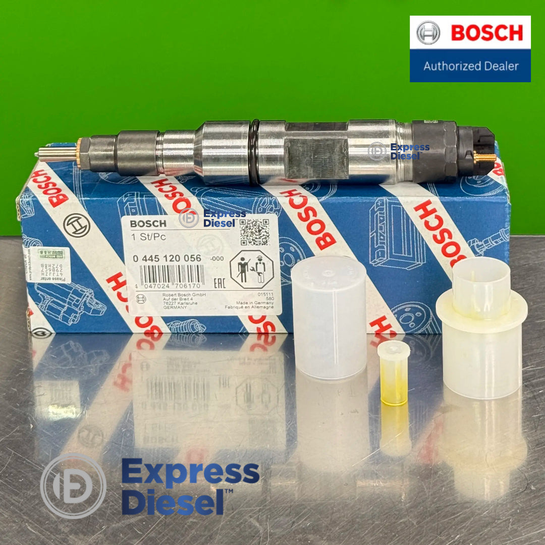 bosch 0445120056 common rail fuel injector horizontal view with protective caps and bosch packaging