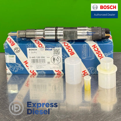 bosch 0445120056 common rail fuel injector horizontal view with protective caps and bosch packaging