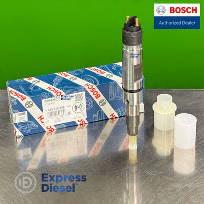 full length view of bosch 0445120056 diesel fuel injector with original packaging for man energy solutions engines