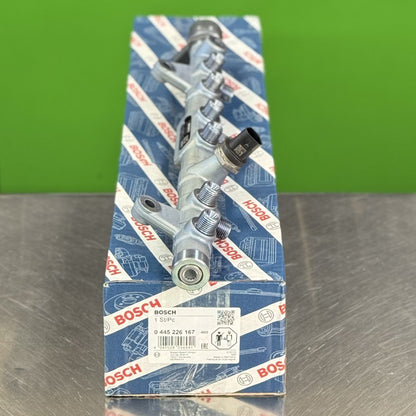 0445226167 bosch fuel rail angled view for ram 6.7l cummins diesel engine