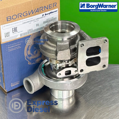 borgwarner 318615 s2a turbocharger turbine housing with rectangular exhaust mounting flange and connection ports