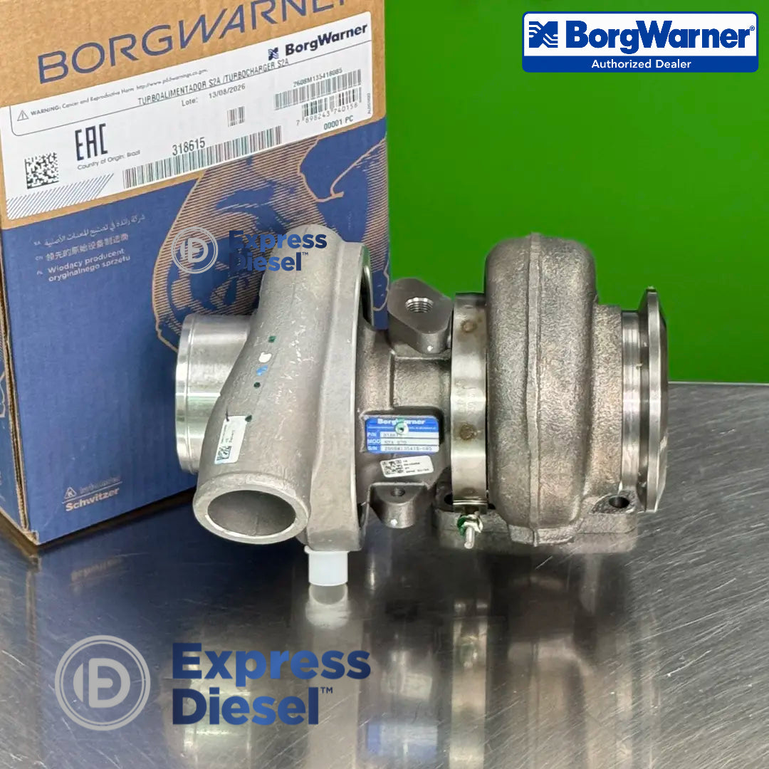 genuine borgwarner 318615 s2a turbocharger side profile showing compressor turbine housings and identification plate