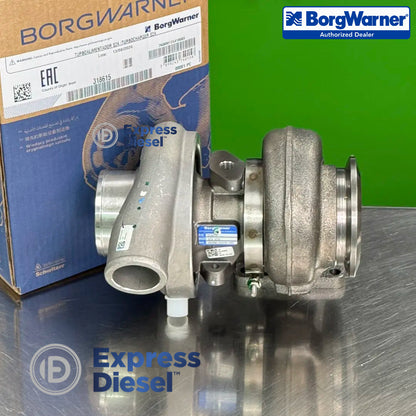 genuine borgwarner 318615 s2a turbocharger side profile showing compressor turbine housings and identification plate