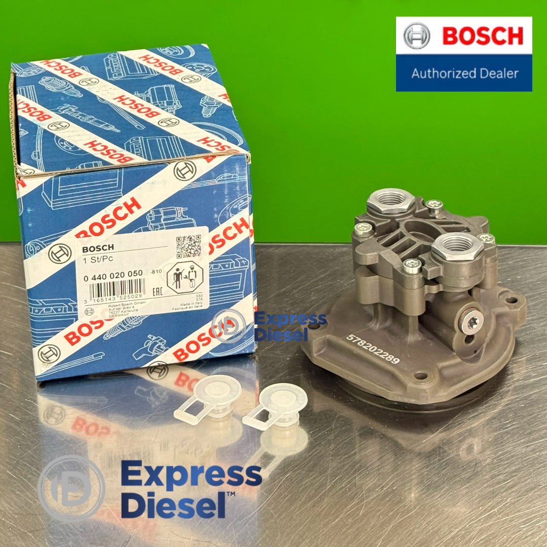 genuine bosch 0440020050 diesel gear pump front view with original bosch box and protective caps