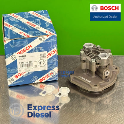 genuine bosch 0440020050 diesel gear pump front view with original bosch box and protective caps