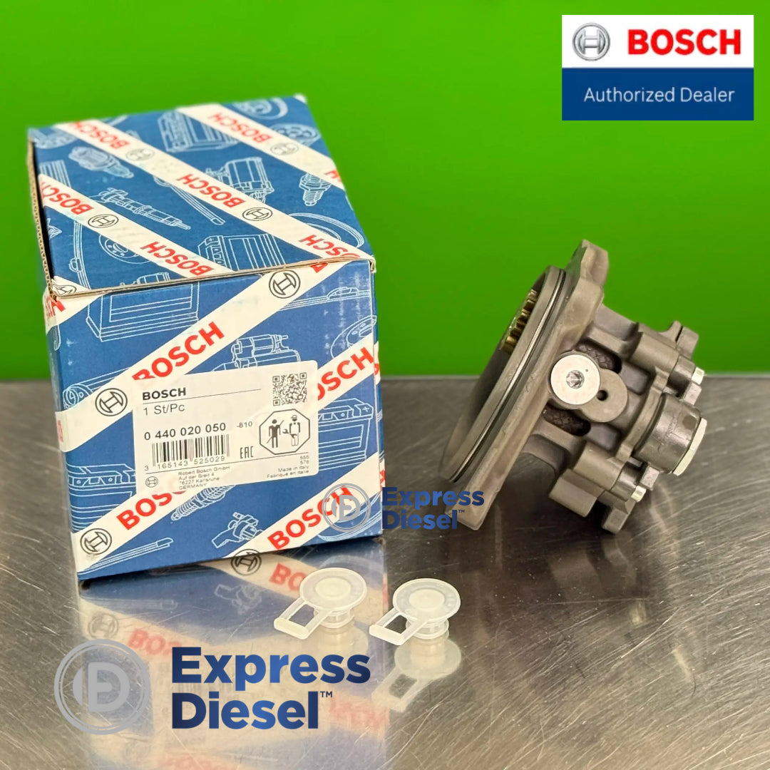 side profile of genuine bosch 0440020050 gear pump showing pump housing and original bosch packaging