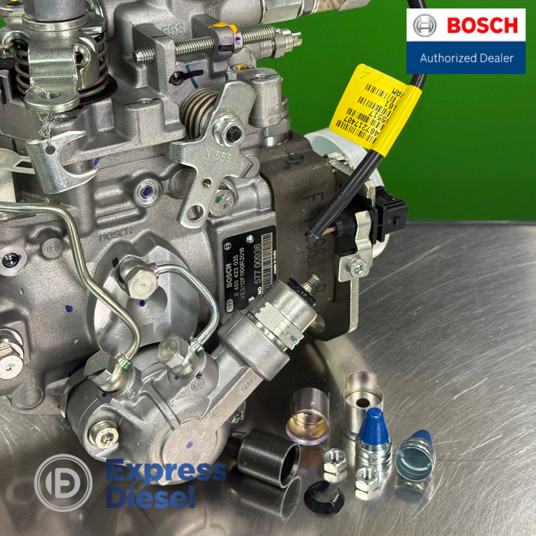 close-up of bosch 0460423035 injection pump identification plate and included installation fittings