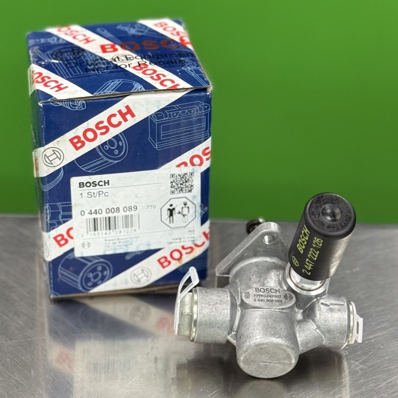 Bosch 0440008089 lift pump showing fuel inlet and outlet ports for diesel system