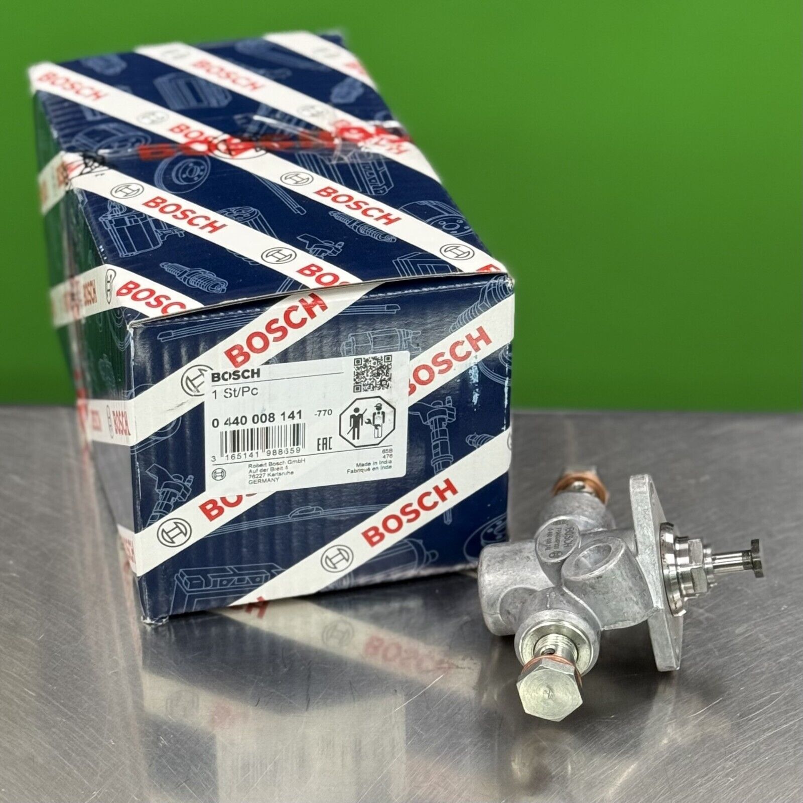 Close-up of Bosch mechanical fuel lift pump 0440008141 showing fittings and construction detail