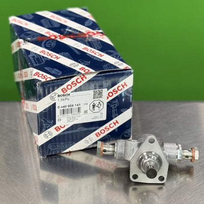Side view of Bosch 0440008141 fuel supply pump showing inlet and outlet ports for diesel system