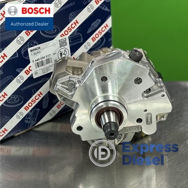 Side view of Bosch 0445020017 CP3 fuel injection pump for Duramax LB7 diesel engine