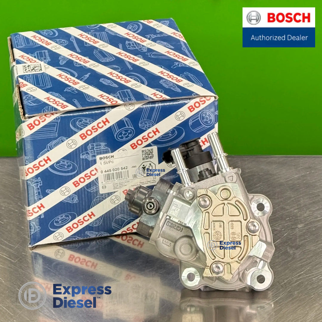 rear side view of bosch 0445020542 genuine oem high pressure diesel fuel pump showing metal housing and connections