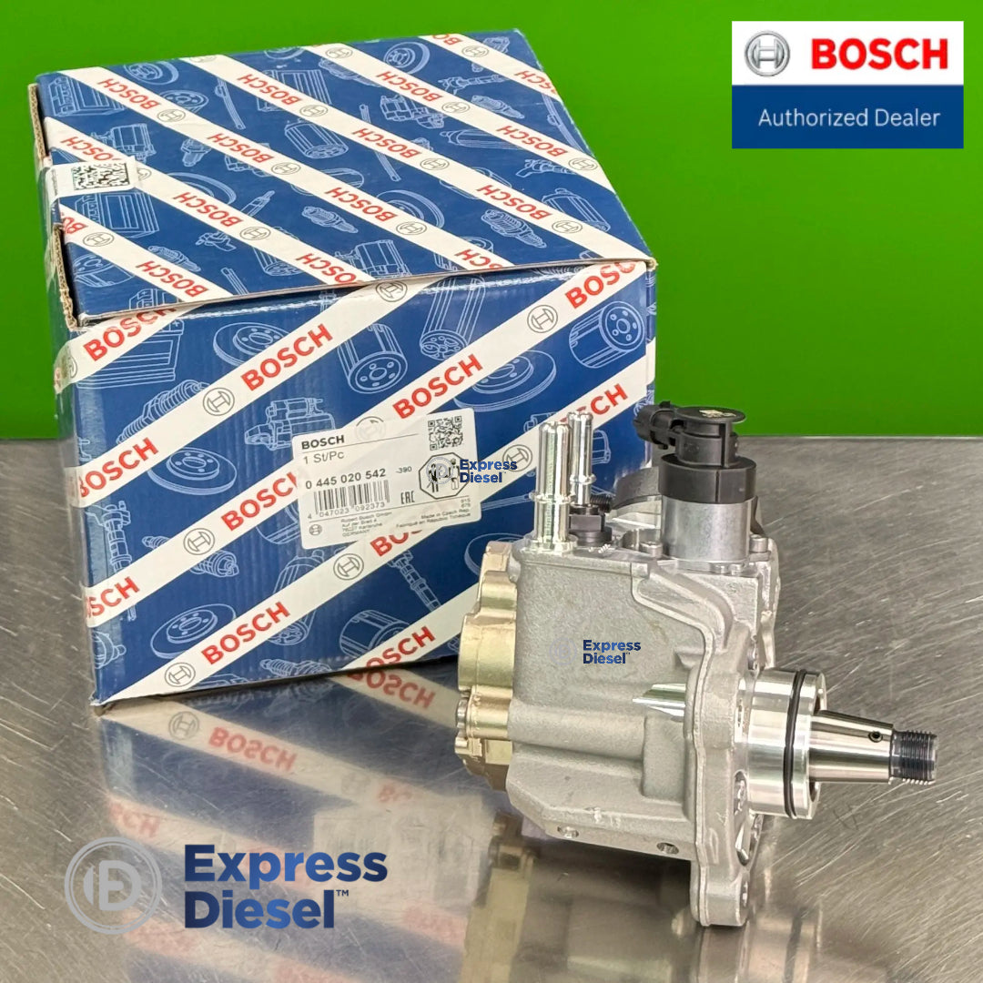 side profile of brand new bosch 0445020542 high pressure fuel injection pump showing pump body and drive shaft