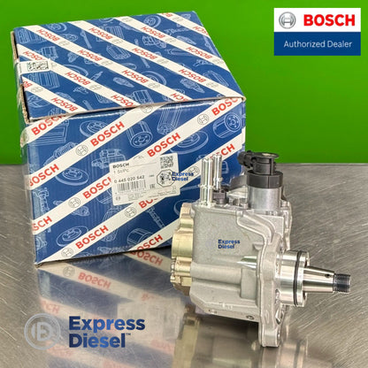 side profile of brand new bosch 0445020542 high pressure fuel injection pump showing pump body and drive shaft
