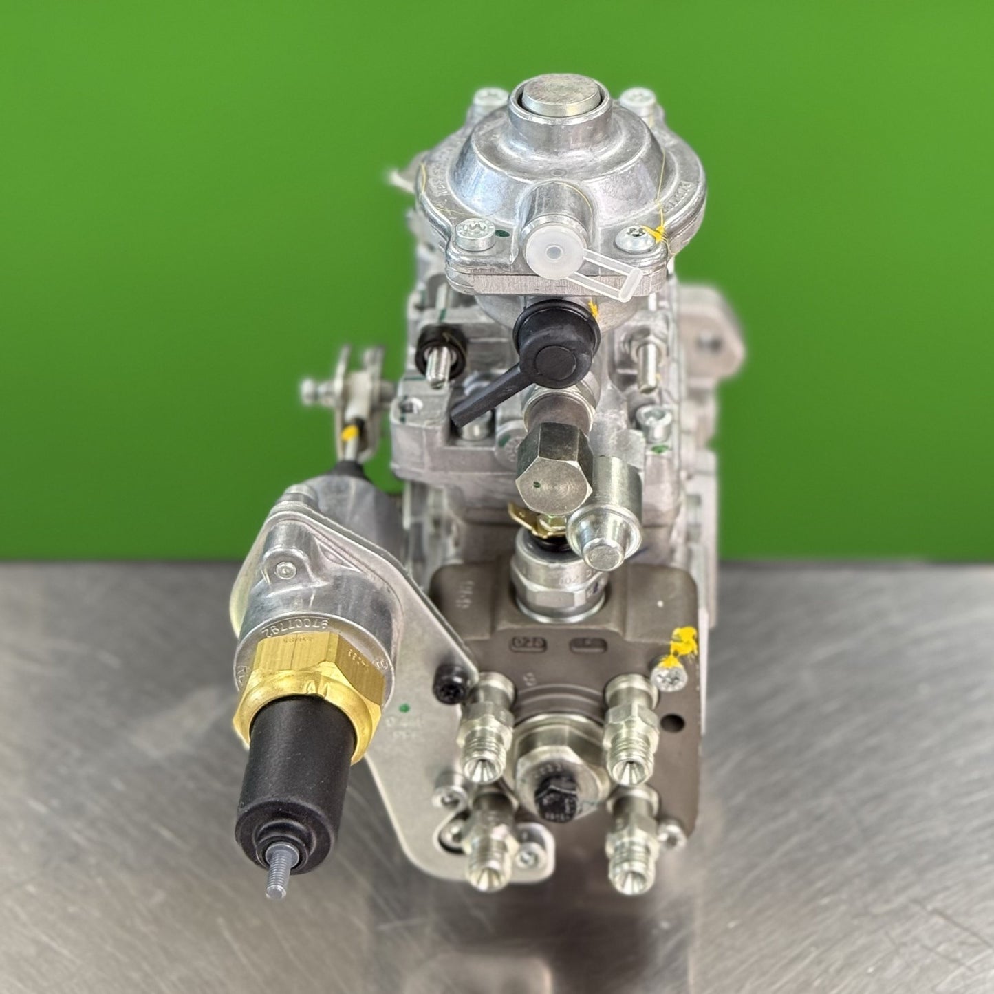 Top view of Bosch VE4 fuel injection pump showing high pressure outlet ports