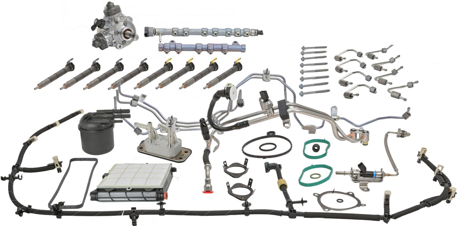 Fuel contamination kit components, including injectors, pump lines for Ford 6.7 Powerstroke