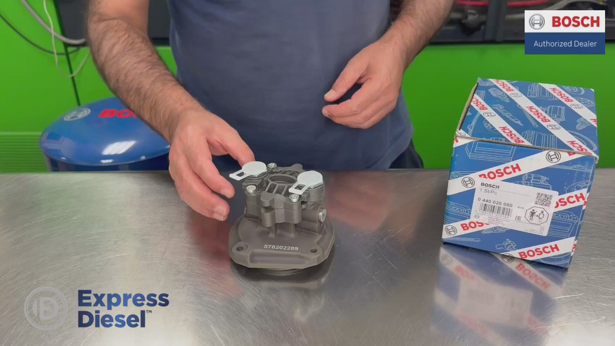 product video of brand new genuine bosch 0440020050 diesel gear pump for man 51121017131 showing pump details and original bosch box