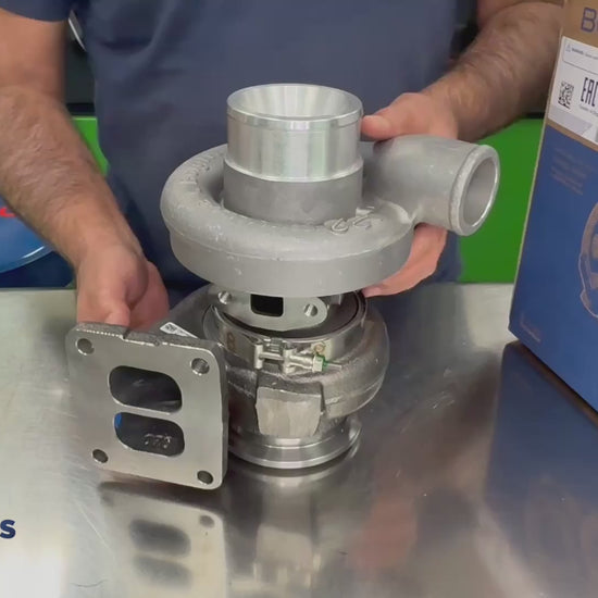 detailed product overview of genuine borgwarner 318615 s2a turbocharger showing compressor housing turbine housing identification tag and original packaging for selected john deere 4045 and 4045t diesel engines