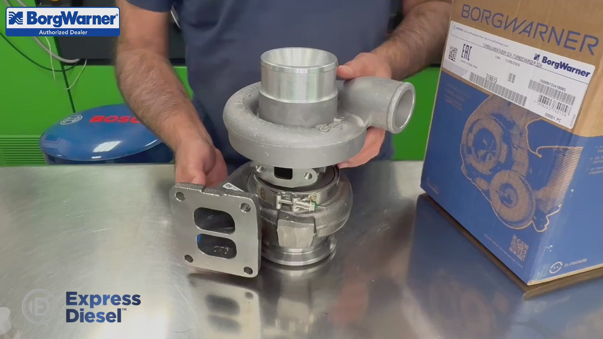 detailed product overview of genuine borgwarner 318615 s2a turbocharger showing compressor housing turbine housing identification tag and original packaging for selected john deere 4045 and 4045t diesel engines