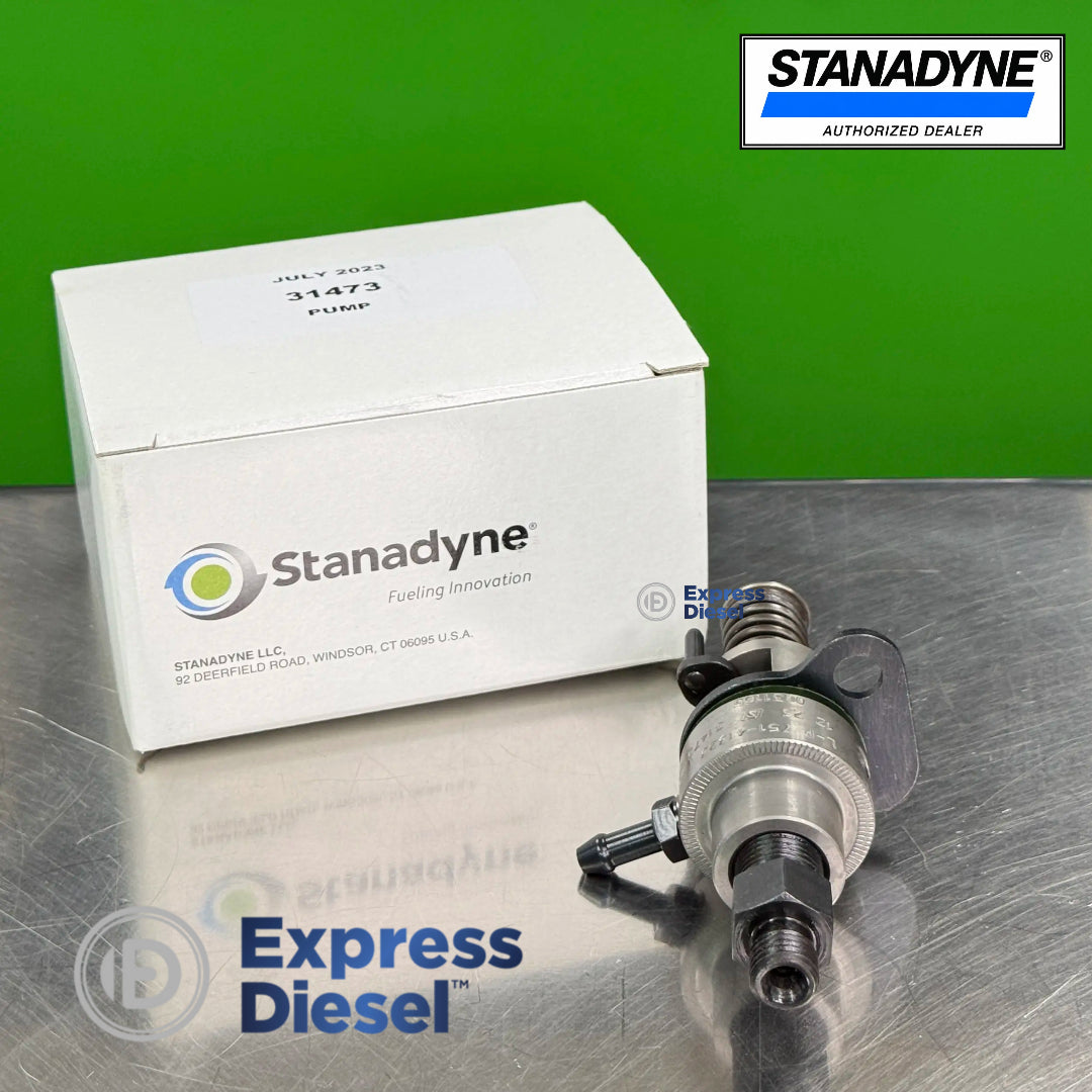 stanadyne 31473 fuel injection pump showing threaded high pressure fuel outlet and pump body with original packaging