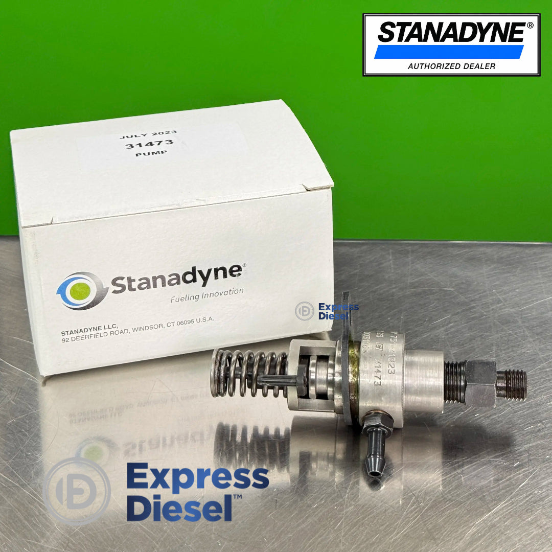 side view of genuine stanadyne 31473 pf70 mechanical diesel injection pump showing spring mechanism fuel fittings and pump housing